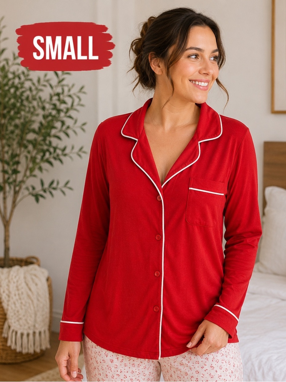 Cynthia Rowley Red Long-Sleeve Pajama Top with White Piping size SMALL